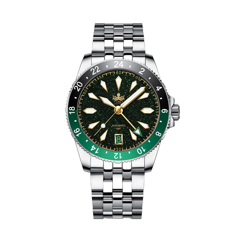 Phoibos Voyager GMT Automatic Watch with Green Aventurine Dial #PY058A