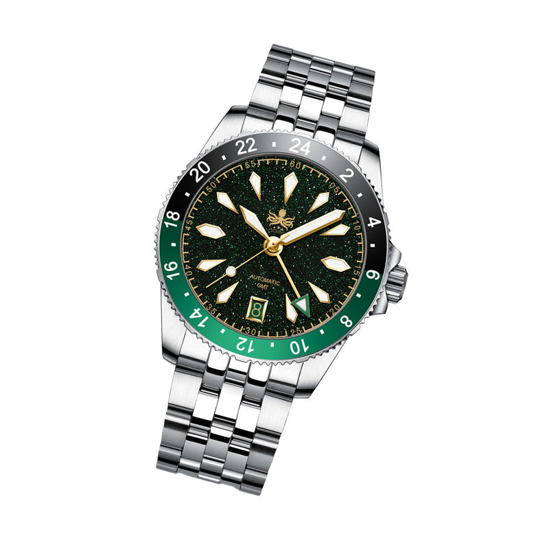 Phoibos Voyager GMT Automatic Watch with Green Aventurine Dial #PY058A