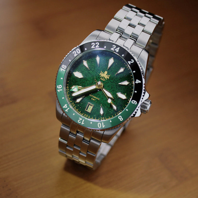 Phoibos Voyager GMT Automatic Watch with Green Aventurine Dial #PY058A