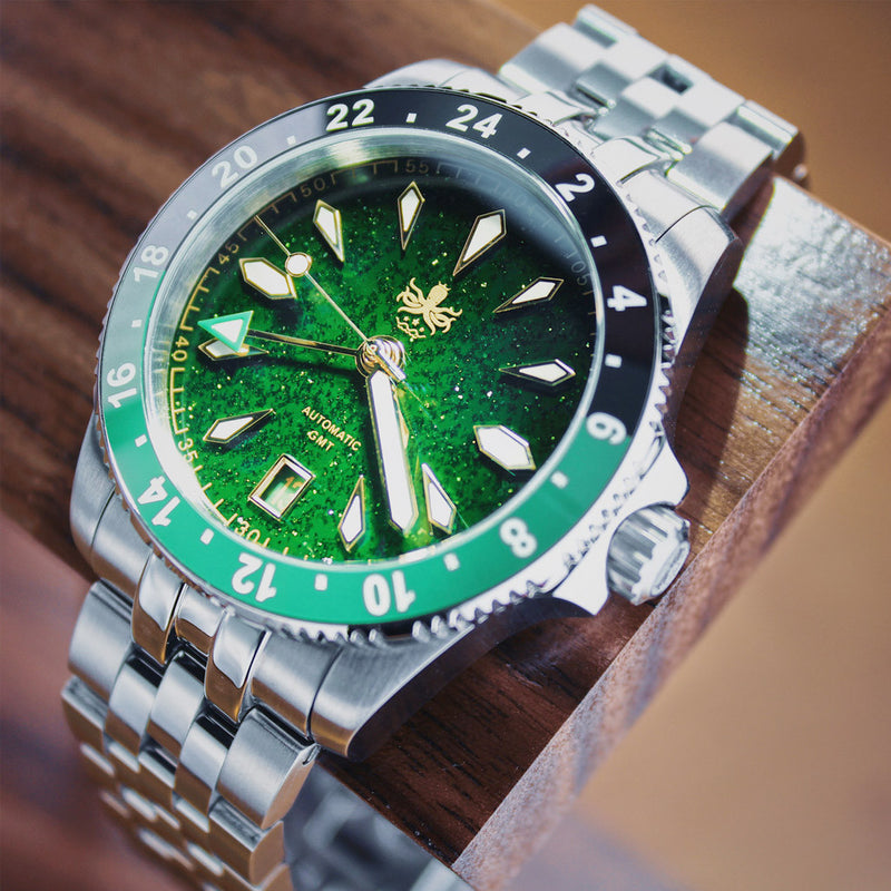 Phoibos Voyager GMT Automatic Watch with Green Aventurine Dial #PY058A