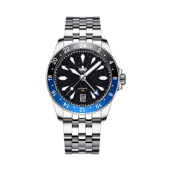 Phoibos Voyager GMT Automatic Watch with Dark Blue Aventurine Dial #PY058B