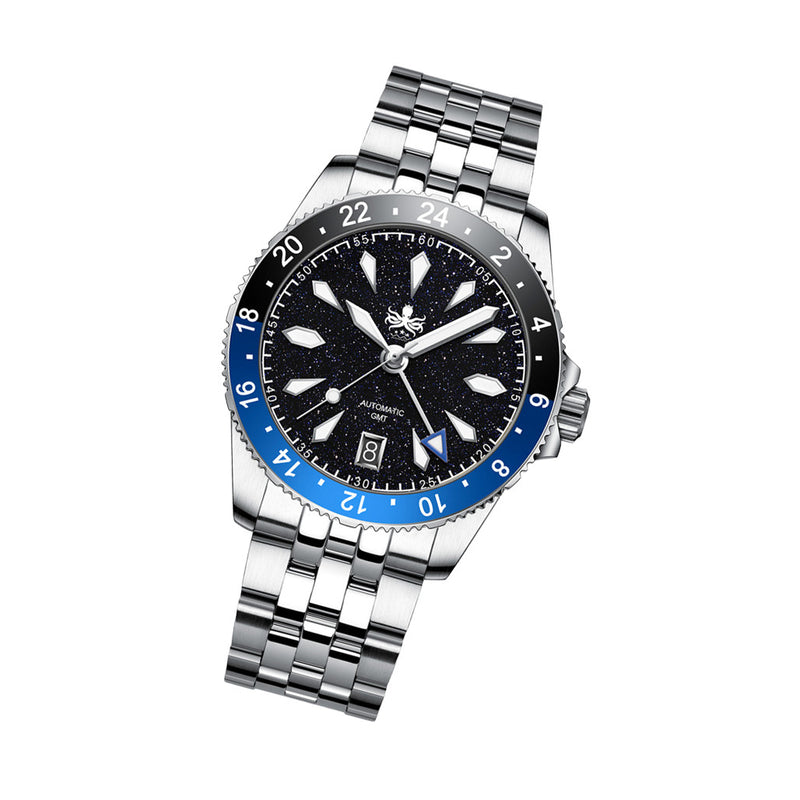 Phoibos Voyager GMT Automatic Watch with Dark Blue Aventurine Dial #PY058B
