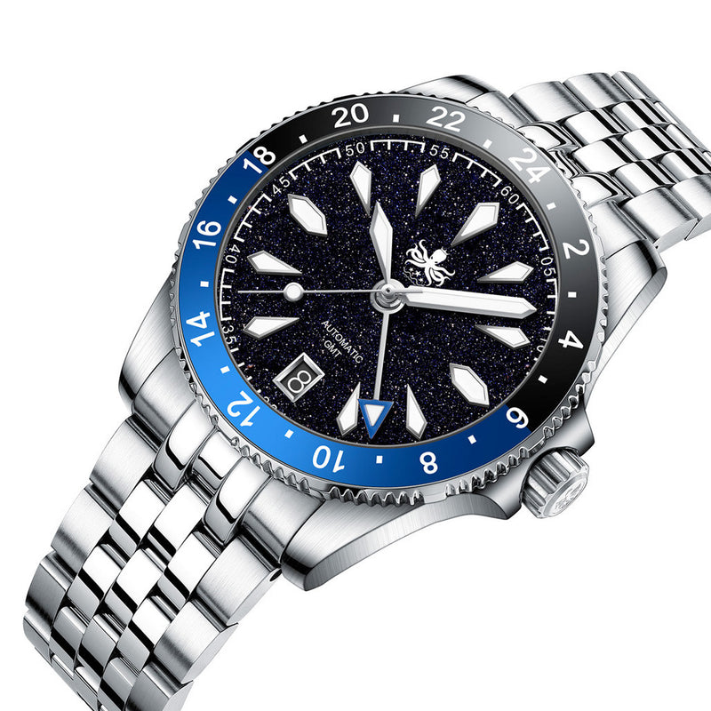 Phoibos Voyager GMT Automatic Watch with Dark Blue Aventurine Dial #PY058B