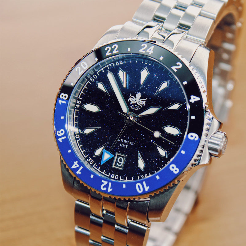 Phoibos Voyager GMT Automatic Watch with Dark Blue Aventurine Dial #PY058B