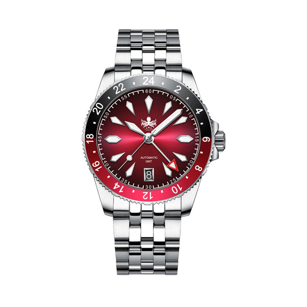 Phoibos Voyager GMT Automatic Watch with Burgundy Sunray Dial #PY058D