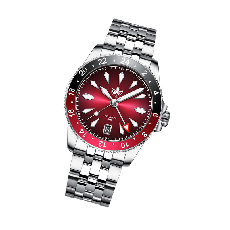 Phoibos Voyager GMT Automatic Watch with Burgundy Sunray Dial #PY058D