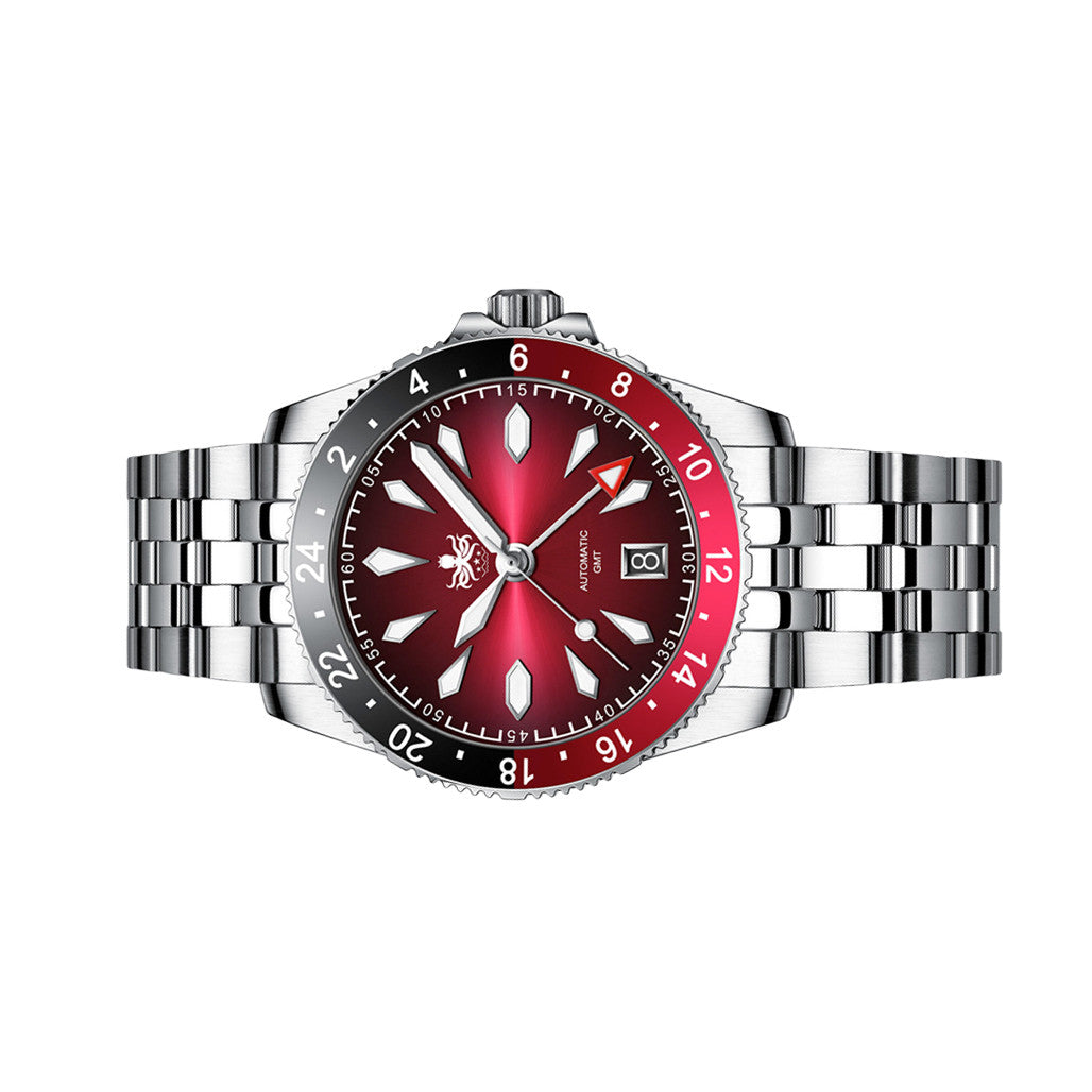ホビー王国 Phoibos Voyager GMT Automatic Watch with Burgundy Sunray Dial