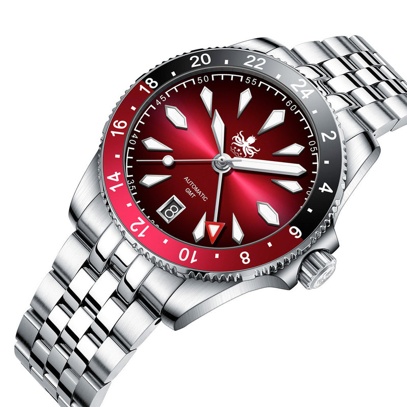 Phoibos Voyager GMT Automatic Watch with Burgundy Sunray Dial #PY058D