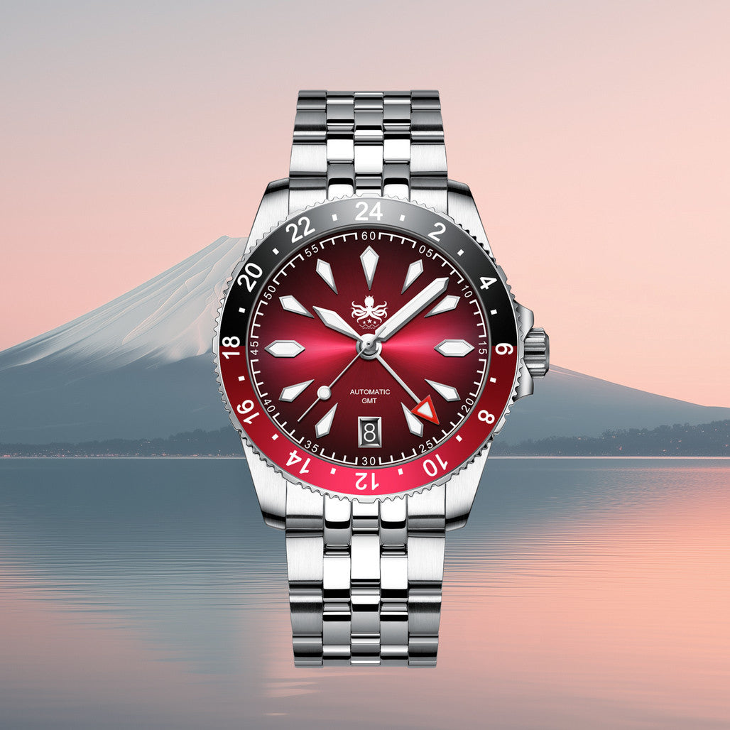 Phoibos Voyager GMT Automatic Watch with Burgundy Sunray Dial