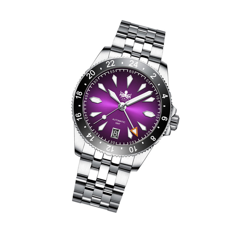 PHOIBOS Voyager GMT 100M Automatic Diver Watch PY058E Royal Purple Sunray #PY058H