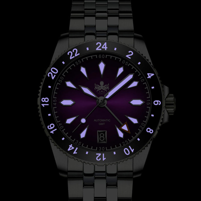 PHOIBOS Voyager GMT 100M Automatic Diver Watch PY058E Royal Purple Sunray #PY058H