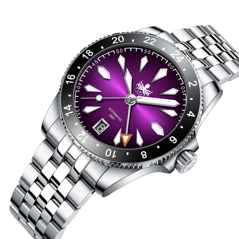 PHOIBOS Voyager GMT 100M Automatic Diver Watch PY058E Royal Purple Sunray #PY058H