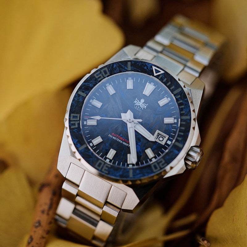 Phoibos Leviathan 40mm Dive Watch with Blue Forged Carbon Fiber #PY062B