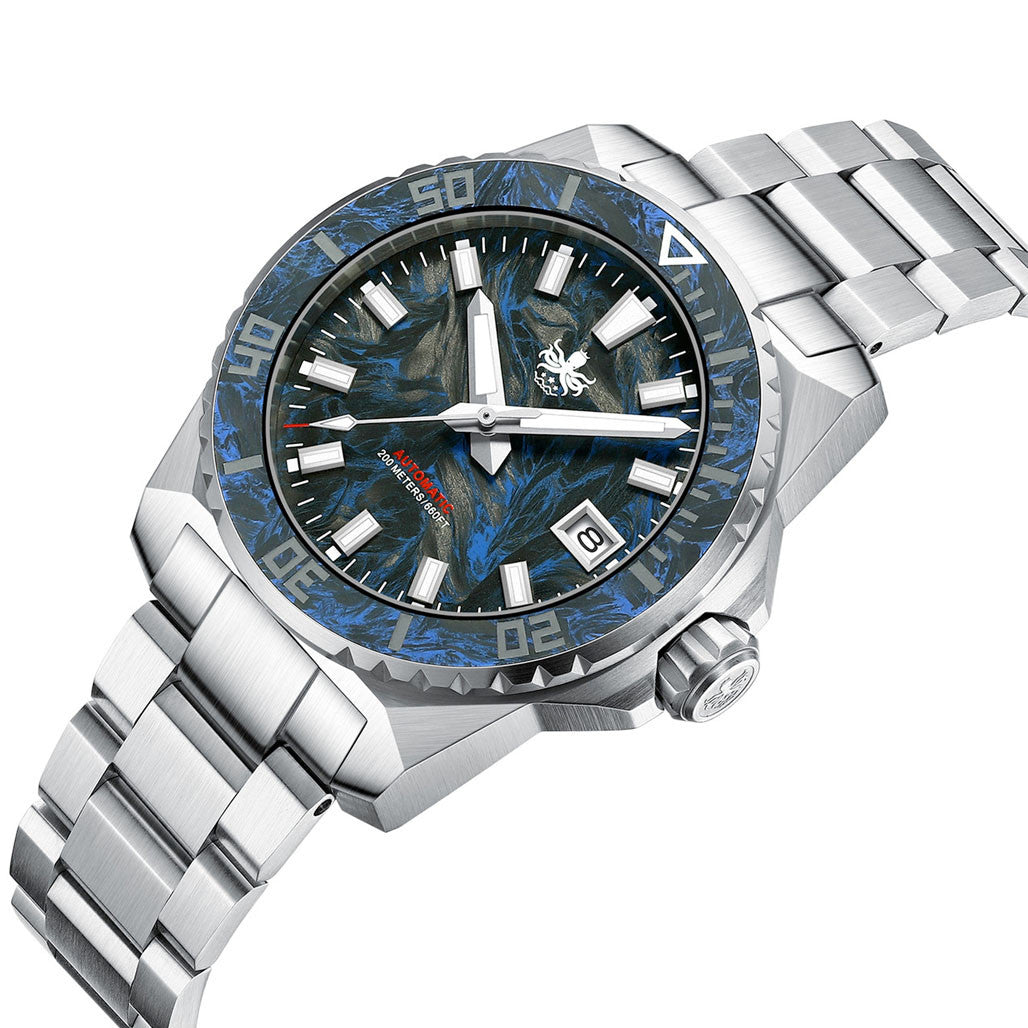Phoibos Leviathan 40mm Dive Watch with Blue Forged Carbon Fiber