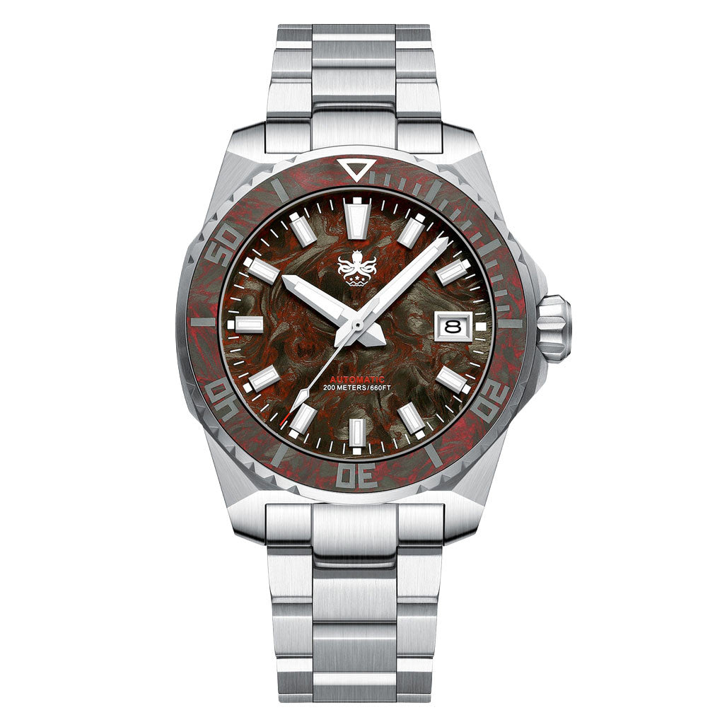 Phoibos Leviathan 40mm Dive Watch with Red Forged Carbon Fiber