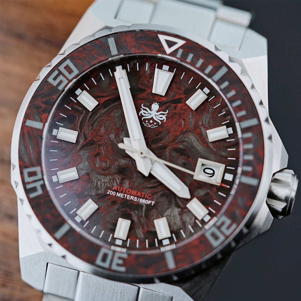 Phoibos Leviathan 40mm Dive Watch with Red Forged Carbon Fiber