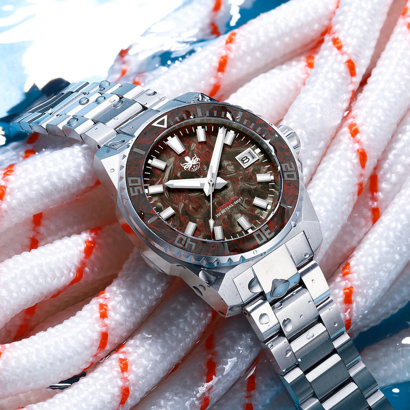 Phoibos Leviathan 40mm Dive Watch with Red Forged Carbon Fiber #PY062D