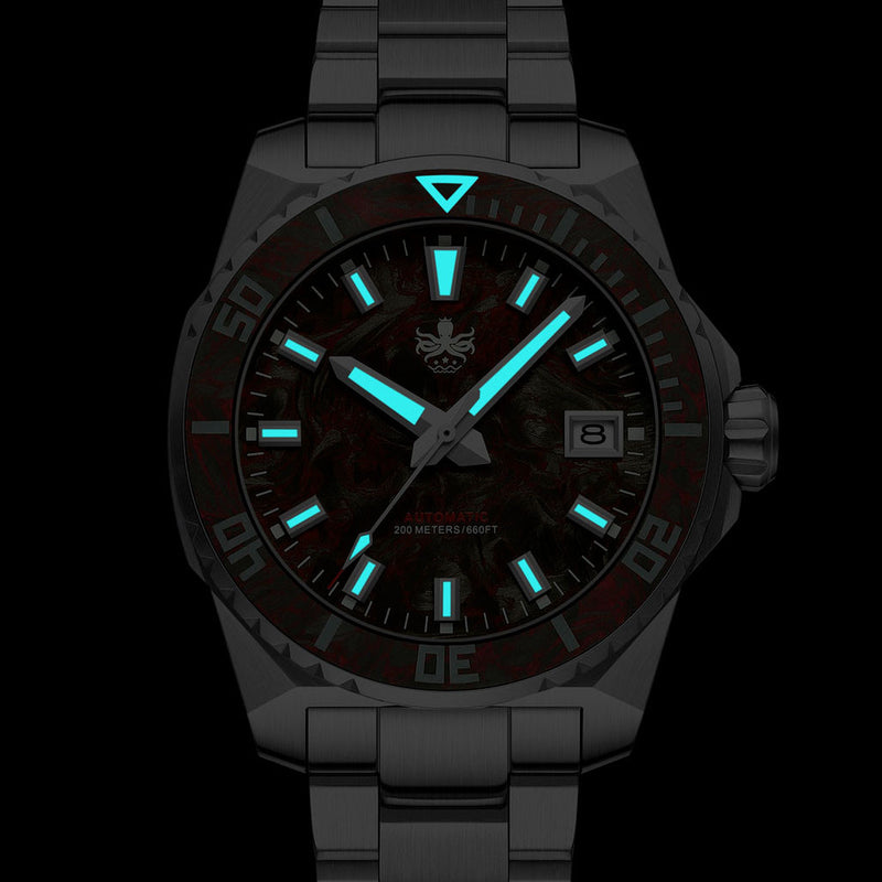 Phoibos Leviathan 40mm Dive Watch with Red Forged Carbon Fiber #PY062D
