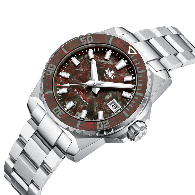 Phoibos Leviathan 40mm Dive Watch with Red Forged Carbon Fiber #PY062D