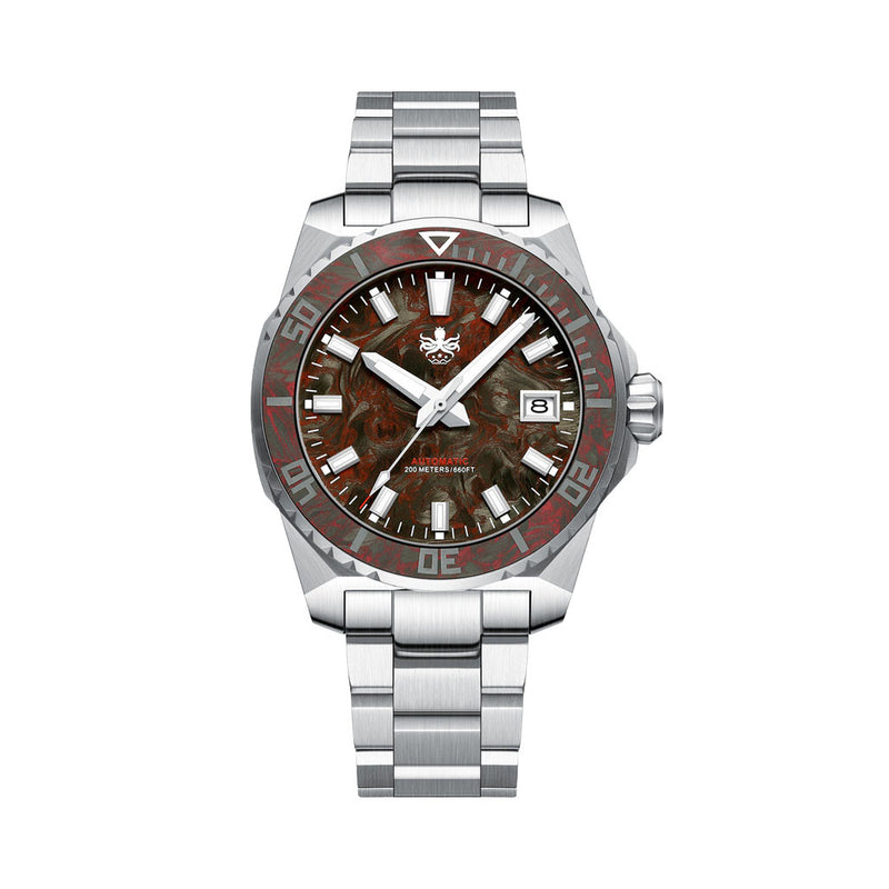 Phoibos Leviathan 40mm Dive Watch with Red Forged Carbon Fiber #PY062D