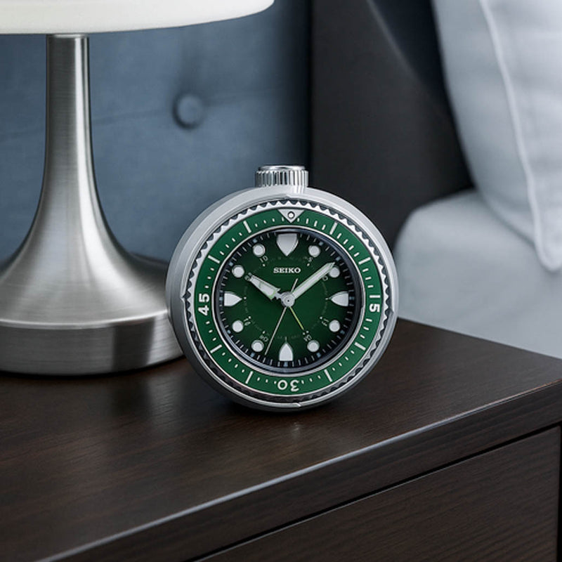 Seiko Mai Modern Rotating Bezel Alarm Clock in Green #QHE207ALH