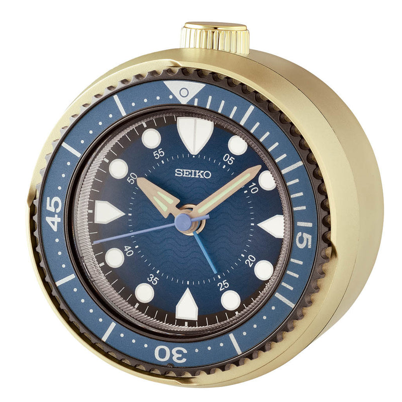 Seiko Mai Modern Rotating Bezel Alarm Clock in Blue and Gold #QHE207GLH