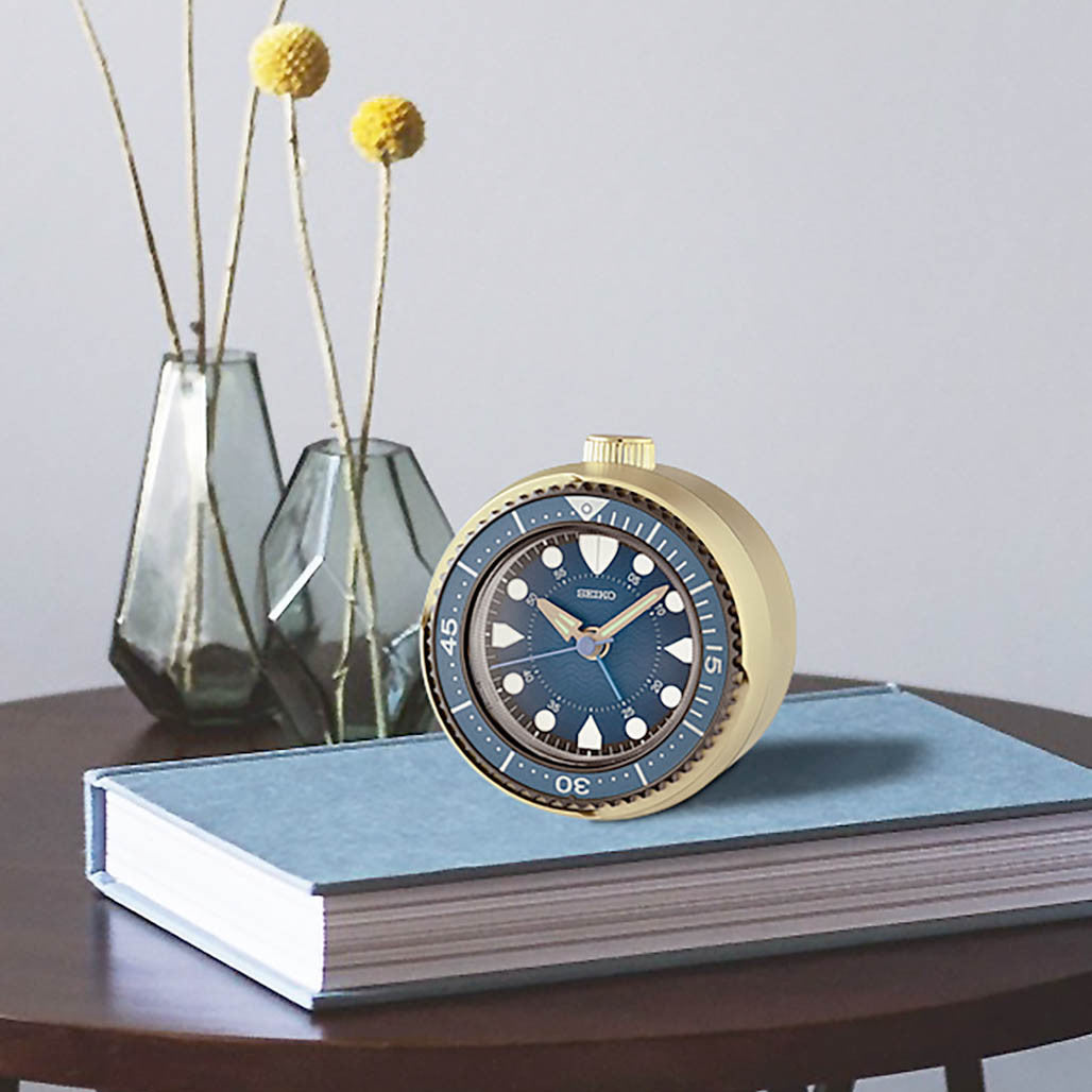 Seiko Mai Modern Rotating Bezel Alarm Clock in Blue and Gold
