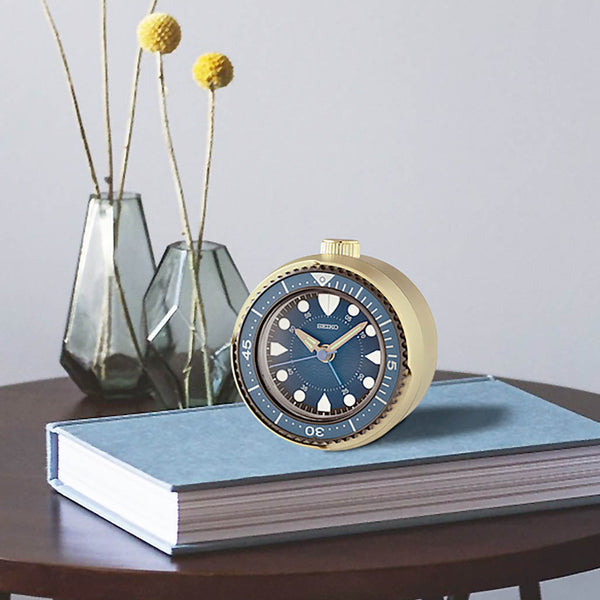 Seiko Mai Modern Rotating Bezel Alarm Clock in Blue and Gold #QHE207GLH