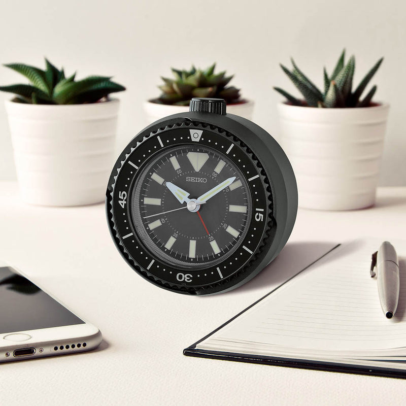 Seiko Mai Modern Rotating Bezel Alarm Clock in Metallic Black #QHE207KLH