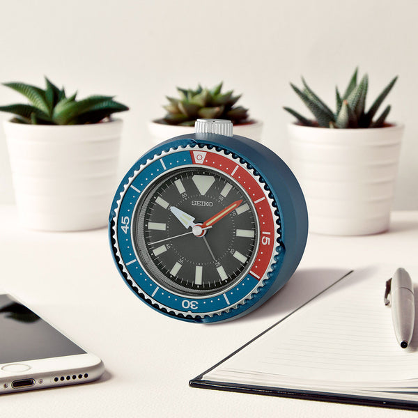 Seiko Mai Modern Rotating Bezel Alarm Clock in Metallic Blue and Red #QHE207LLH