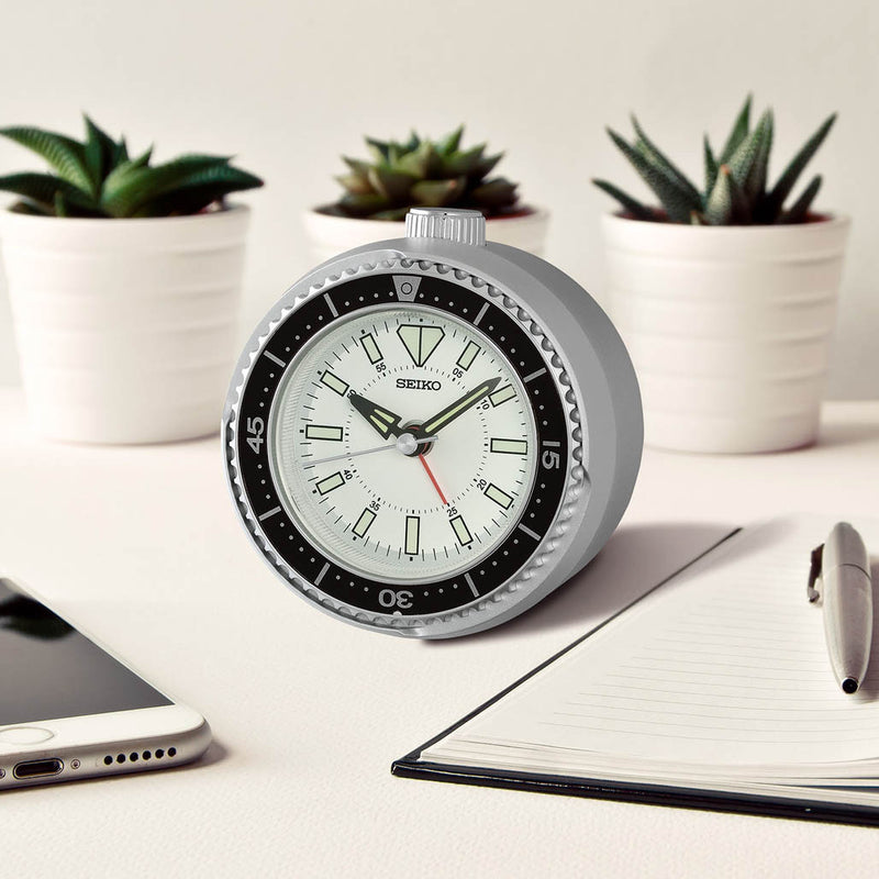 Seiko Mai Modern Rotating Bezel Alarm Clock in Silver #QHE207SLH