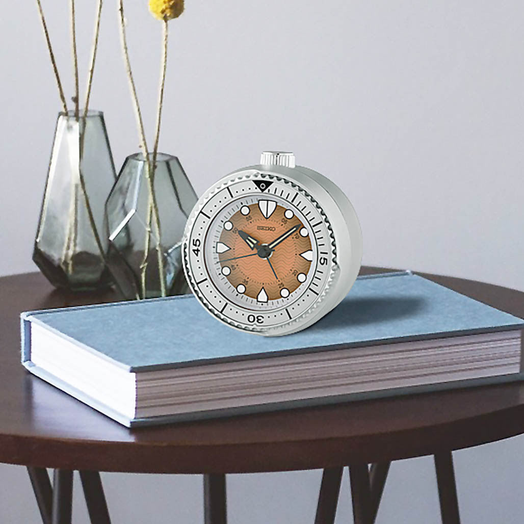 Seiko Mai Modern Rotating Bezel Alarm Clock in Wave Orange