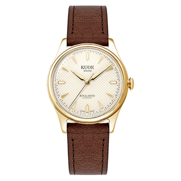 KUOE Royal Smith 90-006 Automatic 35mm Goldtone Watch with Ivory Dial #RS90006C-GD-IV-IT-DBR-SA