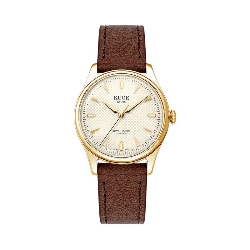 KUOE Royal Smith 90-006 Automatic 35mm Goldtone Watch with Ivory Dial #RS90006C-GD-IV-IT-DBR-SA