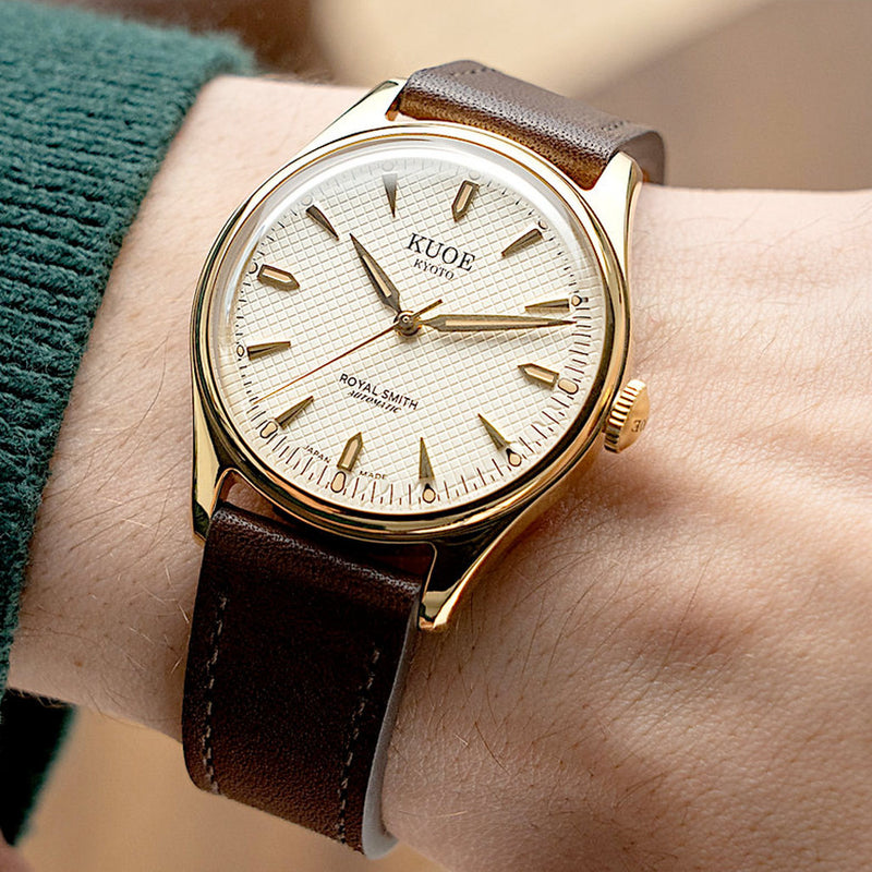 KUOE Royal Smith 90-006 Automatic 35mm Goldtone Watch with Ivory Dial #RS90006C-GD-IV-IT-DBR-SA