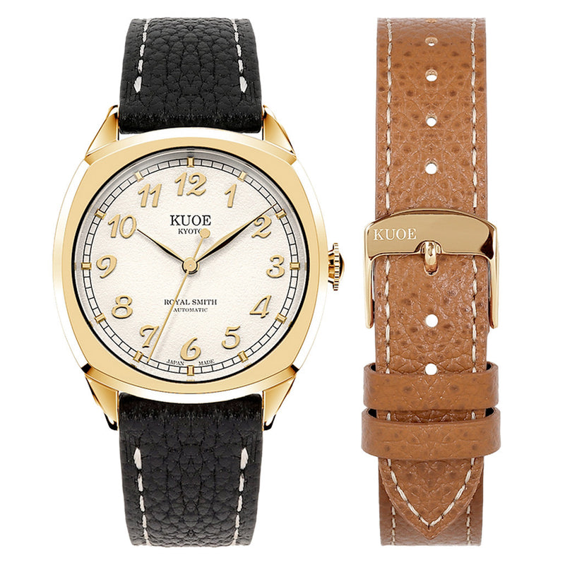 KUOE Royal Smith 90-008 Goldtone 34mm Dress Watch with Ivory Dial #RS90008-GD-GD