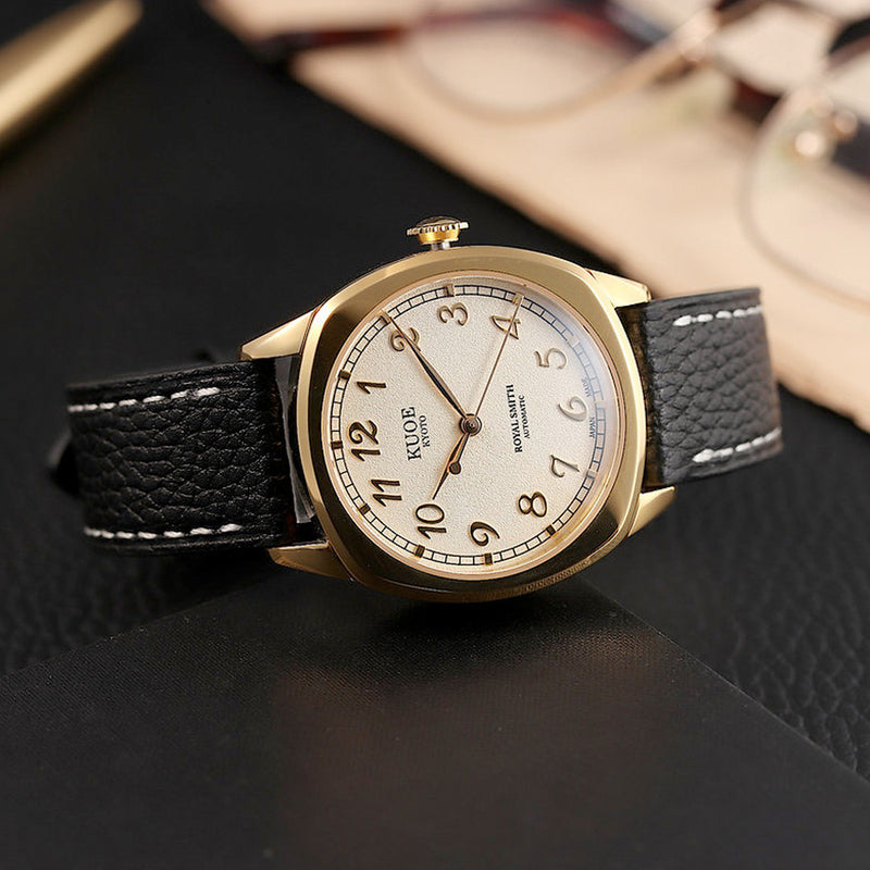 KUOE Royal Smith 90-008 Goldtone 34mm Dress Watch with Ivory Dial #RS90008-GD-GD