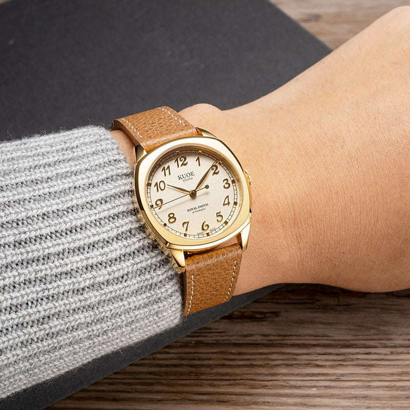 KUOE Royal Smith 90-008 Goldtone 34mm Dress Watch with Ivory Dial #RS90008-GD-GD