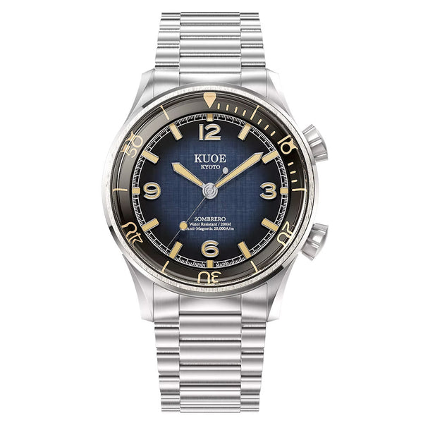 KUOE Sombrero 90-011 Blue Linen Textured Dial Watch #SM90011-GNV-FLAT