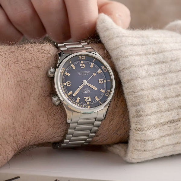 KUOE Sombrero 90-011 Blue Linen Textured Dial Watch #SM90011-GNV-FLAT