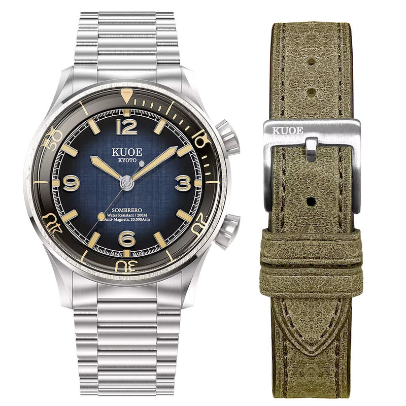 KUOE Sombrero 90-011 Blue Linen Textured Dial Watch #SM90011-GNV-FLAT