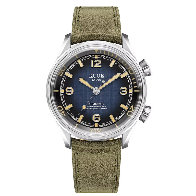 KUOE Sombrero 90-011 Blue Linen Textured Dial Watch #SM90011-GNV-FLAT