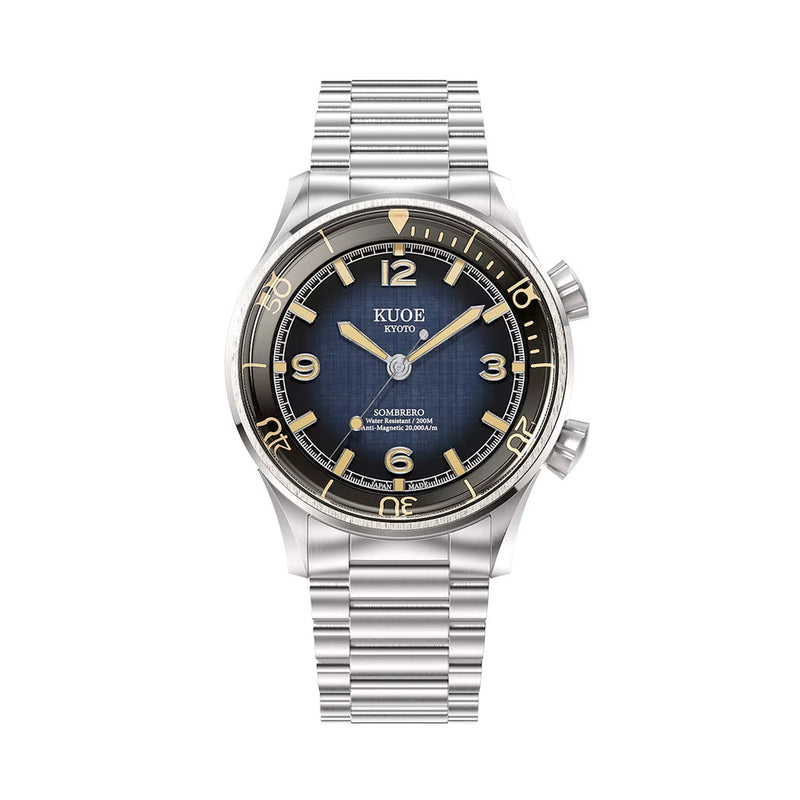 KUOE Sombrero 90-011 Blue Linen Textured Dial Watch #SM90011-GNV-FLAT