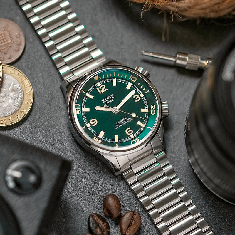 KUOE Sombrero 90-011 Green Linen Textured Dial Watch #SM90011-GR-FLAT