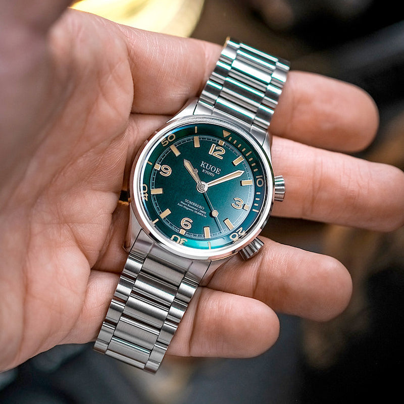 KUOE Sombrero 90-011 Green Linen Textured Dial Watch #SM90011-GR-FLAT