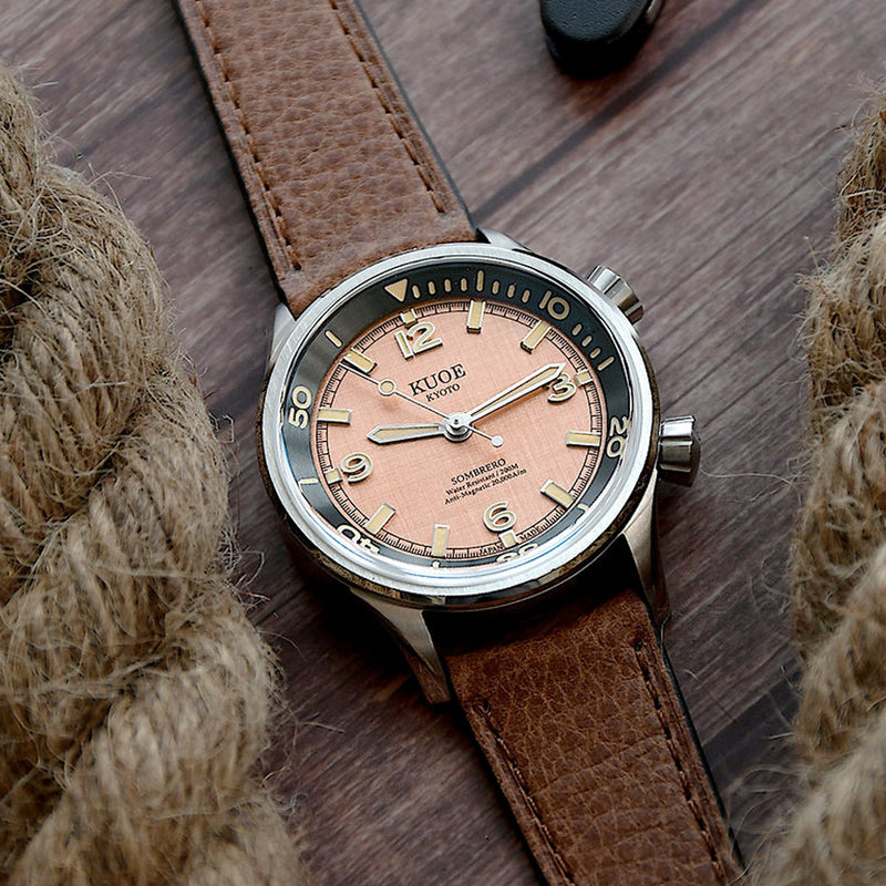 KUOE Sombrero 90-011 Salmon Linen Textured Dial Watch #SM90011-SAL-JUB