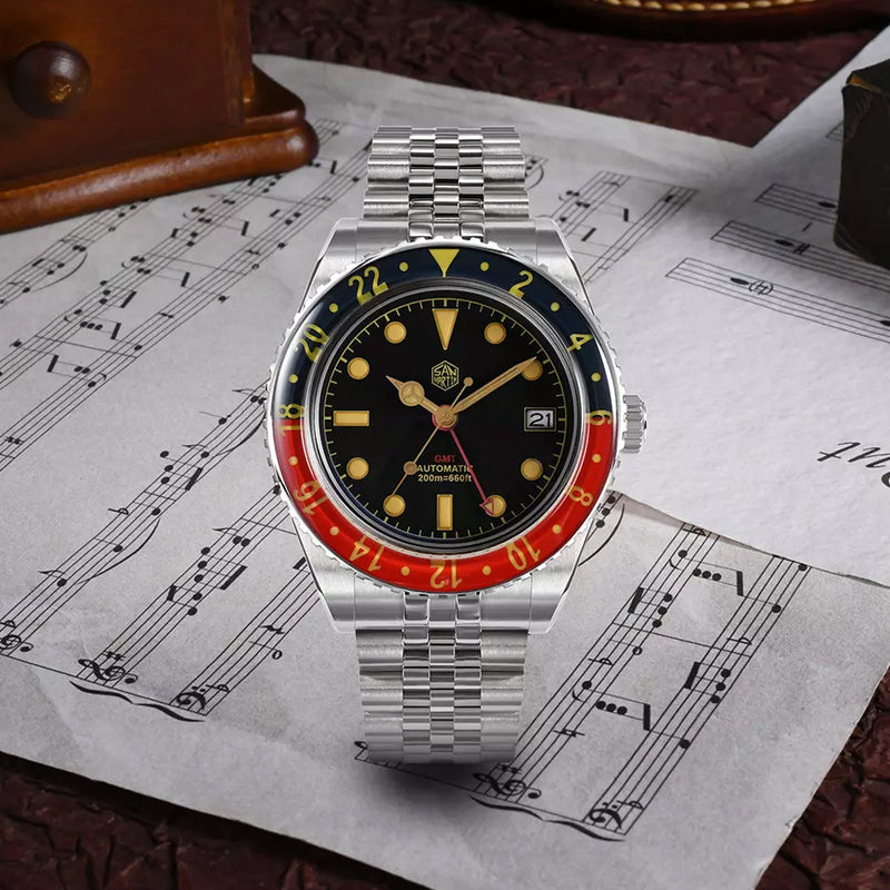 San Martin Automatic GMT Watch with Black Vintage Dial #SN005-B