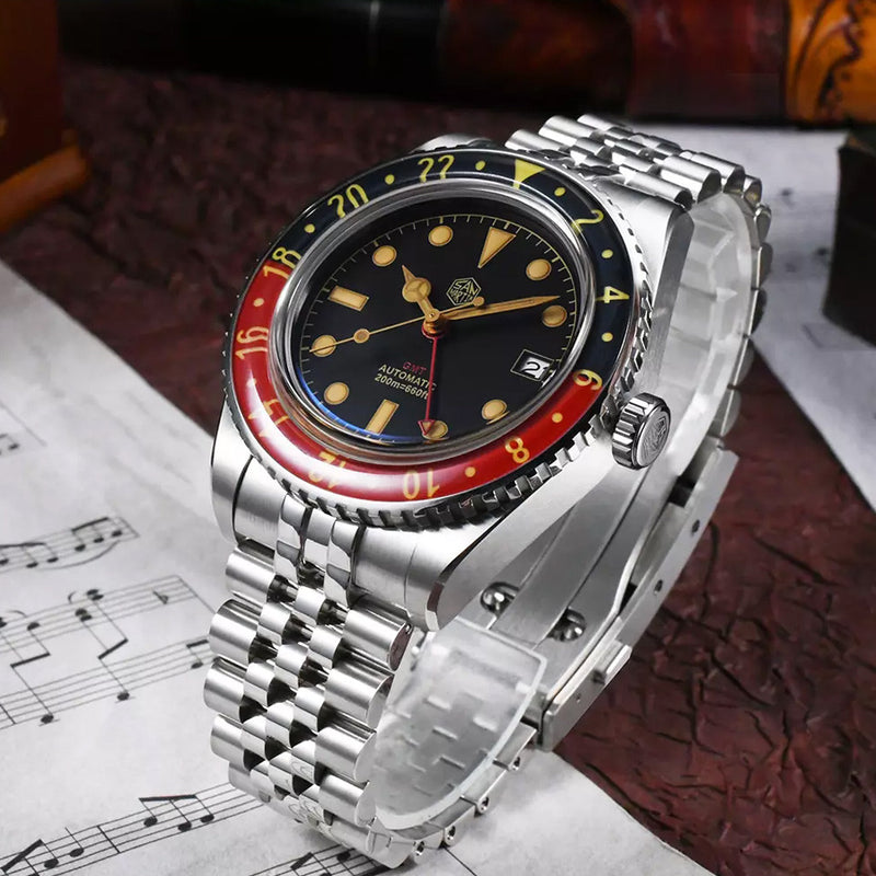 San Martin Automatic GMT Watch with Black Vintage Dial #SN005-B
