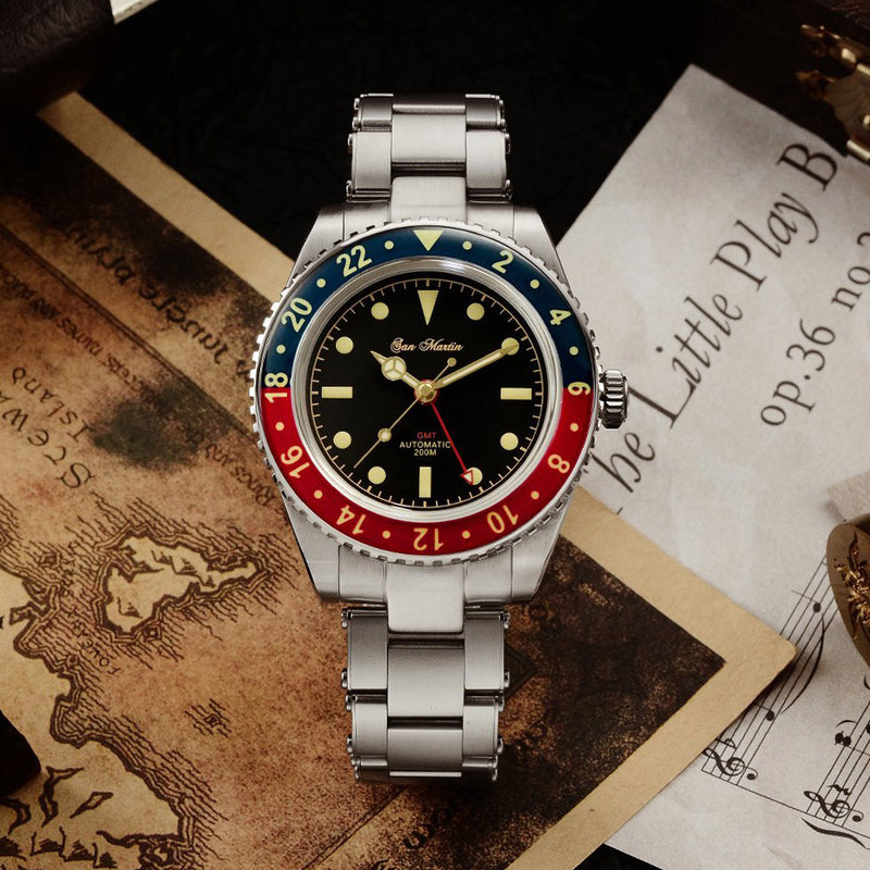 San Martin Automatic GMT Watch with Black Vintage Dial #SN005-B