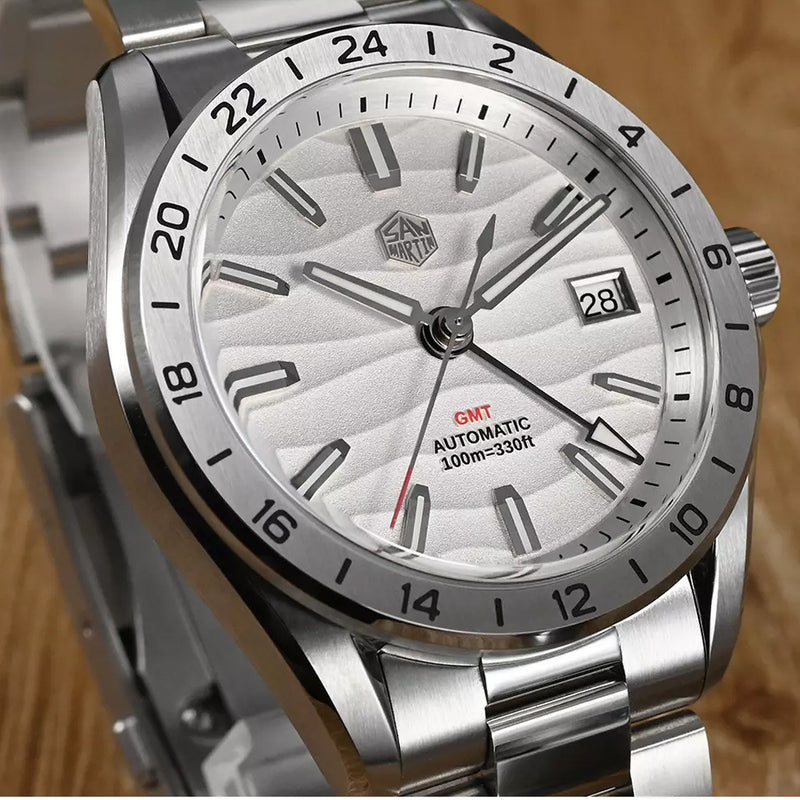 San Martin 39mm Automatic GMT Watch with White Desert Dial #SN0129-A